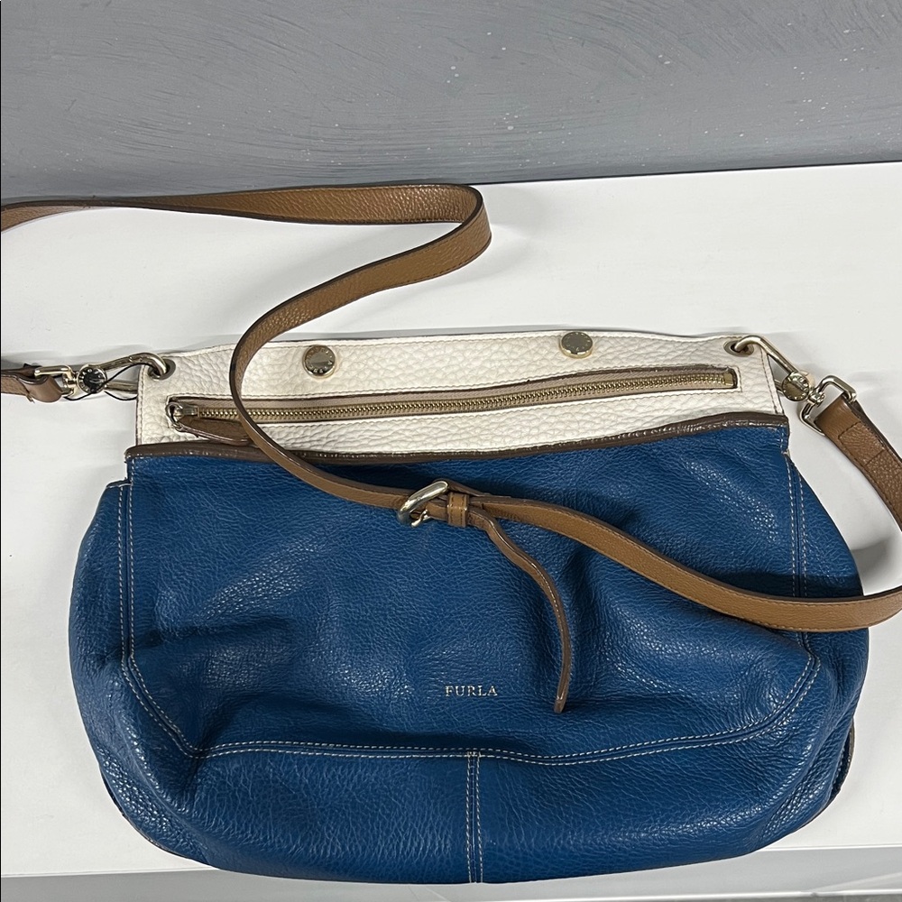 Furla Blue and Cream Leather Crossbody Bag